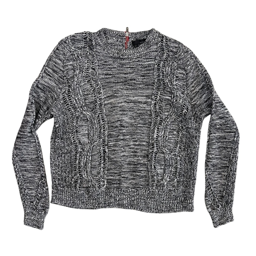 360CASHMERE Black White Marled Knit Cable Knit‎ Sweater Mock Neck M
